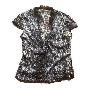 Silky lace trim short sleeve blouse M/L